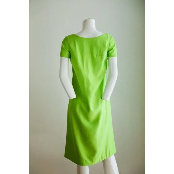 Vintage 60s LINEN Chartreuse Green A line Midi  Dress S - Picture 10 of 12